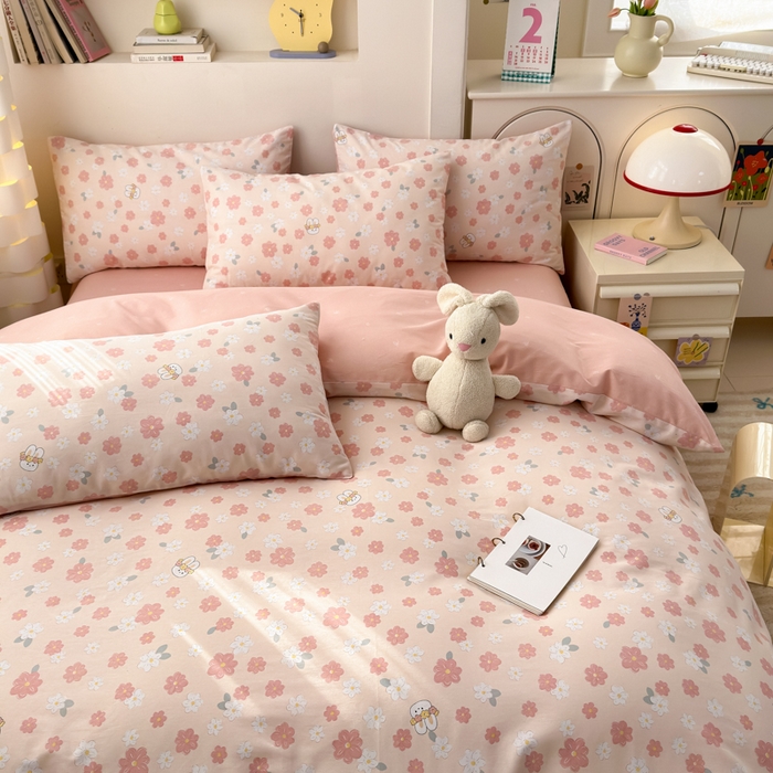 91家纺网 家纺一手货源 找家纺 清雅福 2025新款13070全棉小清新四件套 栀香小兔·粉