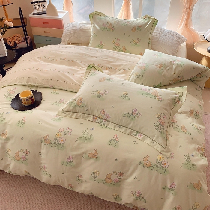 91家纺网 家纺一手货源 找家纺 2025新款亲肤舒适小清新全棉四件套 花小兔