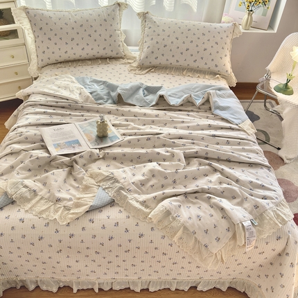 91家纺网 家纺一手货源 找家纺 尊妙被业 2025春夏新款全棉纯棉印花法式花边夏被夏凉被空调被夏被 俏颜-蓝