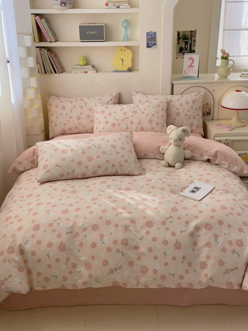 91家纺网 家纺一手货源 找家纺 清雅福 2025新款13070全棉小清新四件套 栀香小兔·粉