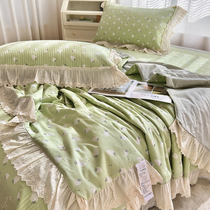 91家纺网 家纺一手货源 找家纺 尊妙被业 2025春夏新款全棉纯棉印花法式花边夏被夏凉被空调被夏被 半亩果园-绿