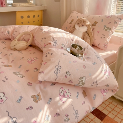 韩巢家纺 2025新款超柔水洗棉学生宿舍寝室被套床单三件套 小猫线球
