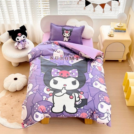 91家纺网 家纺一手货源 找家纺 乐秀家纺 2025新款全棉A类大版定位幼儿园被子三件套卡通三丽鸥被套被芯六件套   可爱库洛米