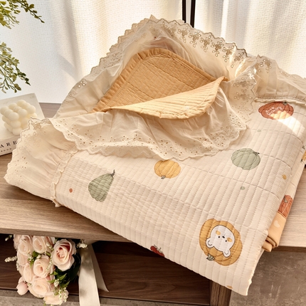 91家纺网 家纺一手货源 找家纺 2025春夏新款全棉纯棉印花法式花边床盖三件套 南瓜节花边床盖