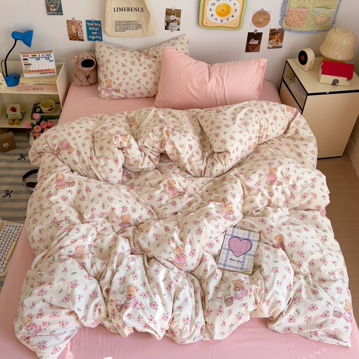 91家纺网 家纺一手货源 找家纺 水墨江南 2025新款超柔水洗棉系列四件套 花间小熊