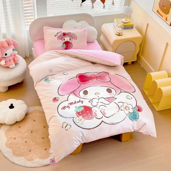 91家纺网 家纺一手货源 找家纺 （总）乐秀家纺 2025新款全棉A类大版定位幼儿园被子三件套卡通三丽鸥被套被芯六件套  