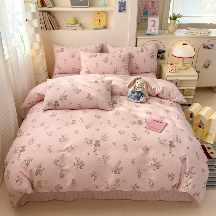 91家纺网 家纺一手货源 找家纺 清雅福 2025新款13070全棉小清新四件套 甜蜜约会·粉