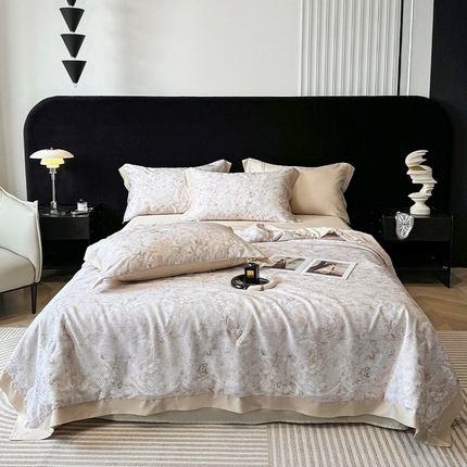 91家纺网 家纺一手货源 找家纺 迷尚家居 2025新款夏被100%莱赛尔数码印花夏被四件套50支天丝夏被 春叙恋曲