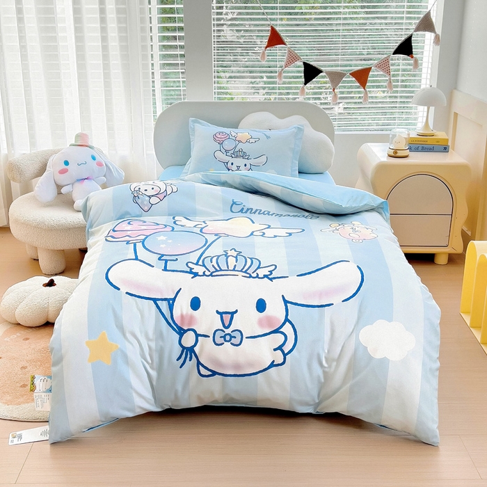 91家纺网 家纺一手货源 找家纺 乐秀家纺 2025新款全棉A类大版定位幼儿园被子三件套卡通三丽鸥被套被芯六件套   快乐玉桂狗