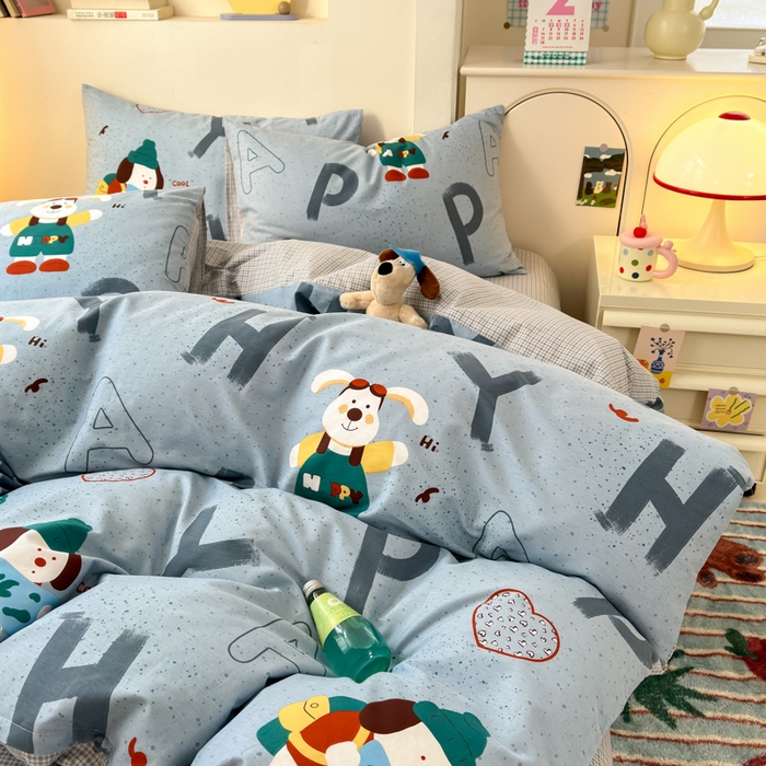 91家纺网 家纺一手货源 找家纺 清雅福 2025新款13070全棉小清新四件套 蒙奇奇·蓝