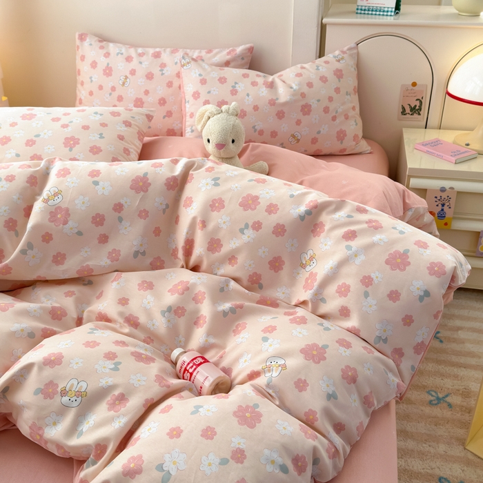 91家纺网 家纺一手货源 找家纺 清雅福 2025新款13070全棉小清新四件套 栀香小兔·粉