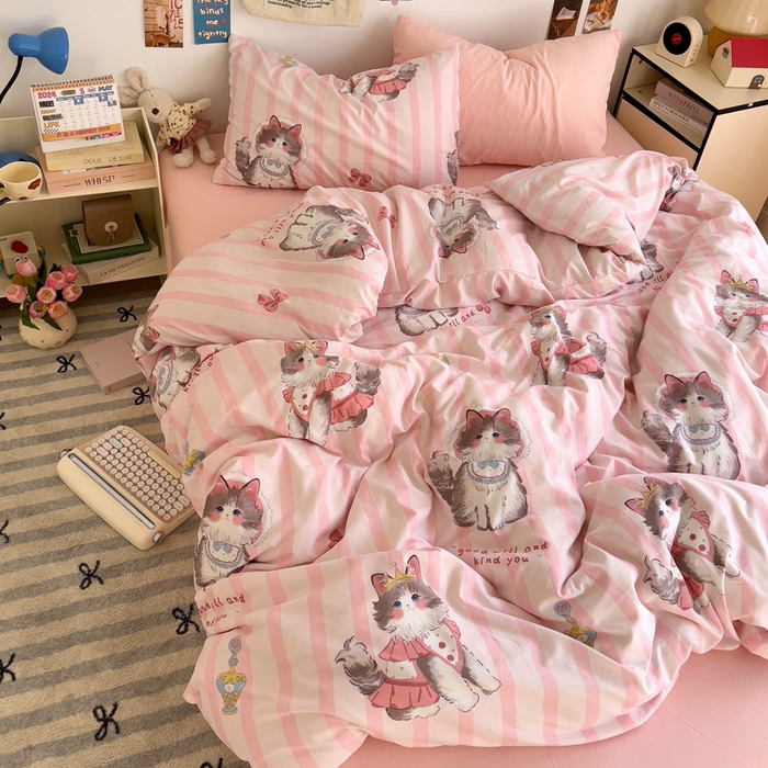 91家纺网 家纺一手货源 找家纺 水墨江南 2025新款超柔水洗棉系列四件套 猫咪公主