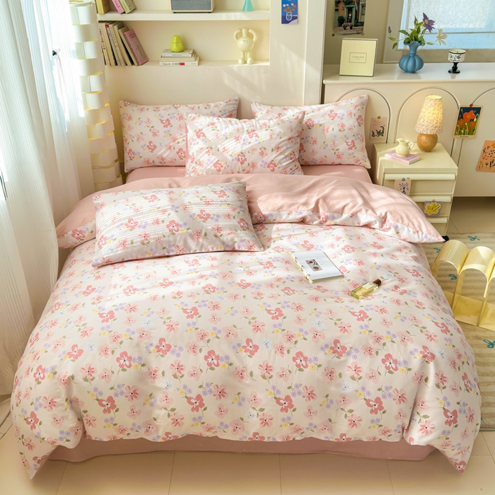 91家纺网 家纺一手货源 找家纺 清雅福 2025新款13070全棉小清新四件套 芬芳·粉