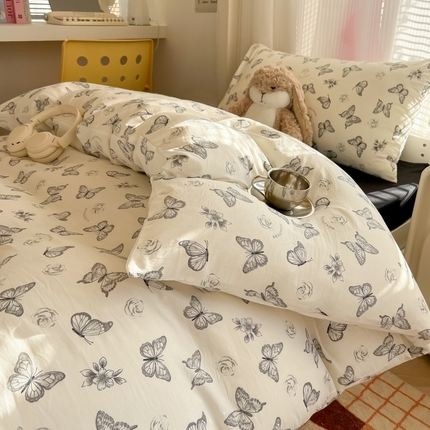 韩巢家纺 2025新款超柔水洗棉学生宿舍寝室被套床单三件套 梦幻蝴蝶
