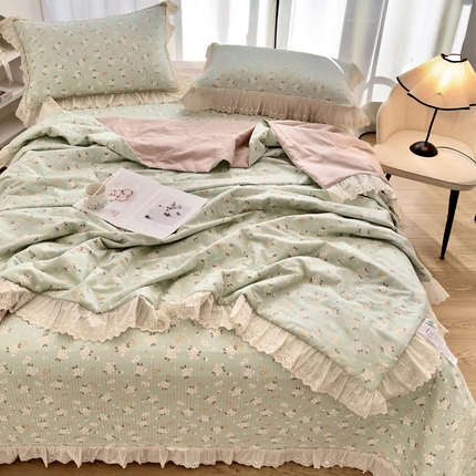 91家纺网 家纺一手货源 找家纺 尊妙被业 2025春夏新款全棉纯棉印花法式花边夏被夏凉被空调被夏被 清歌-绿