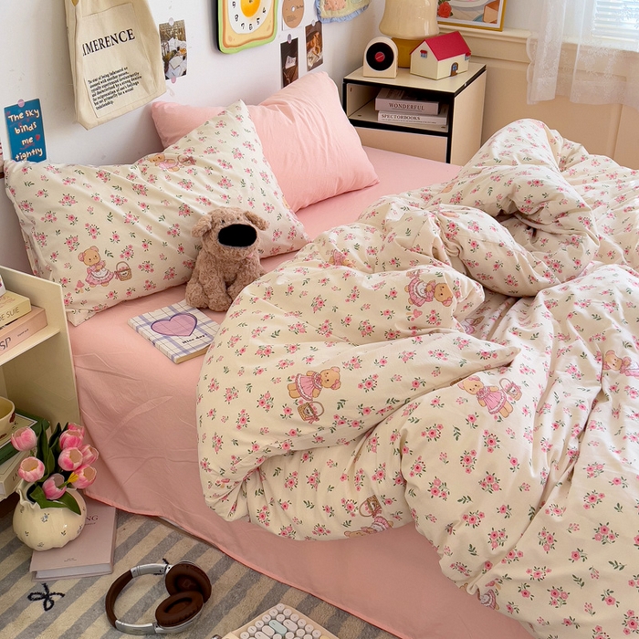 91家纺网 家纺一手货源 找家纺 水墨江南 2025新款超柔水洗棉系列四件套 花间小熊