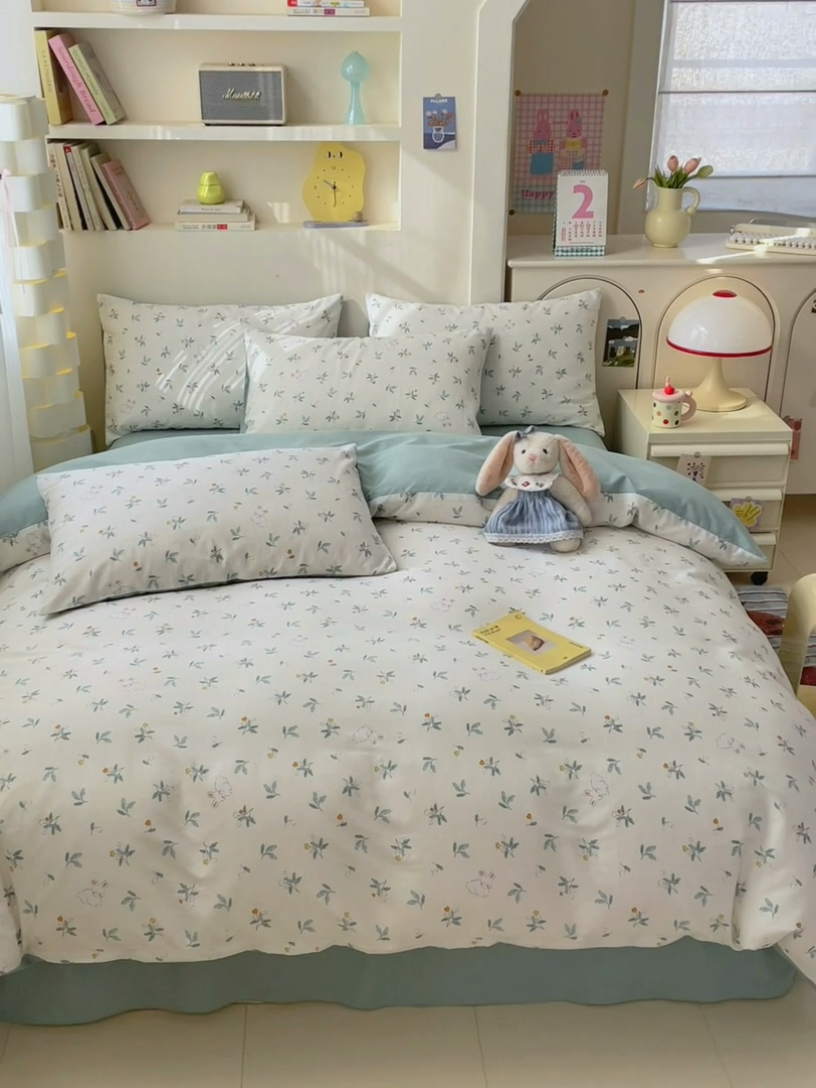 91家纺网 家纺一手货源 找家纺 清雅福 2025新款13070全棉小清新四件套 灵动如兔·米