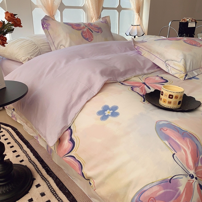 91家纺网 家纺一手货源 找家纺 2025新款亲肤舒适小清新全棉四件套 紫蝶