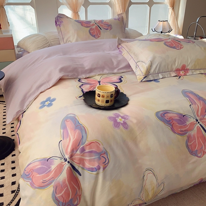 91家纺网 家纺一手货源 找家纺 2025新款亲肤舒适小清新全棉四件套 紫蝶