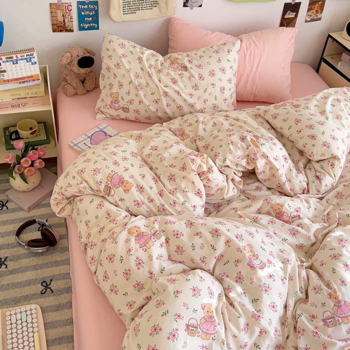 91家纺网 家纺一手货源 找家纺 水墨江南 2025新款超柔水洗棉系列四件套 花间小熊