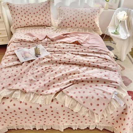 91家纺网 家纺一手货源 找家纺 尊妙被业 2025春夏新款全棉纯棉印花法式花边夏被夏凉被空调被夏被 小美满-粉