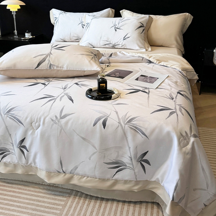 91家纺网 家纺一手货源 找家纺 迷尚家居 2025新款夏被100%莱赛尔数码印花夏被四件套50支天丝夏被 轻蔓竹