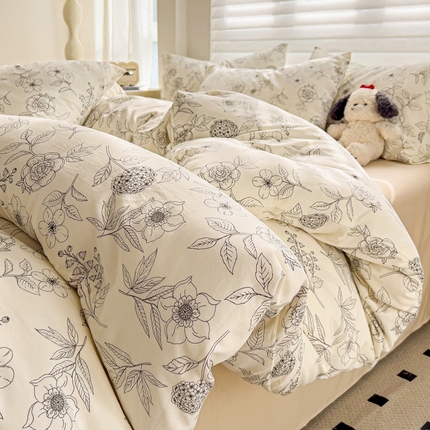 91家纺网 家纺一手货源 找家纺 源莱 2025新款加厚针织棉双层纱系列四件套直播爆款 手绘花