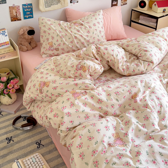 91家纺网 家纺一手货源 找家纺 水墨江南 2025新款超柔水洗棉系列四件套 花间小熊