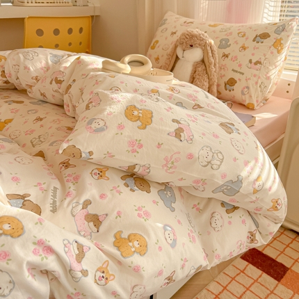 91家纺网 家纺一手货源 找家纺 韩巢家纺 2025新款超柔水洗棉学生宿舍寝室被套床单三件套 灰蒙小狗