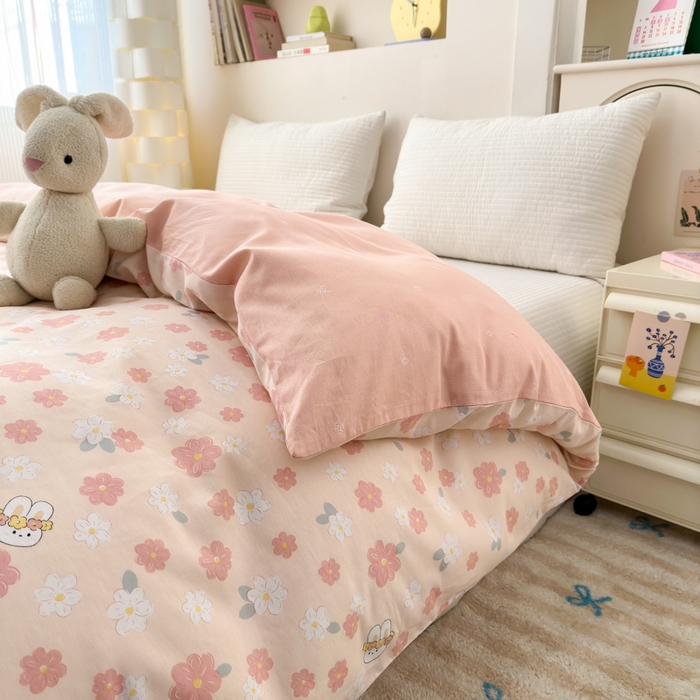 91家纺网 家纺一手货源 找家纺 清雅福 2025新款13070全棉小清新单被套 栀香小兔·粉