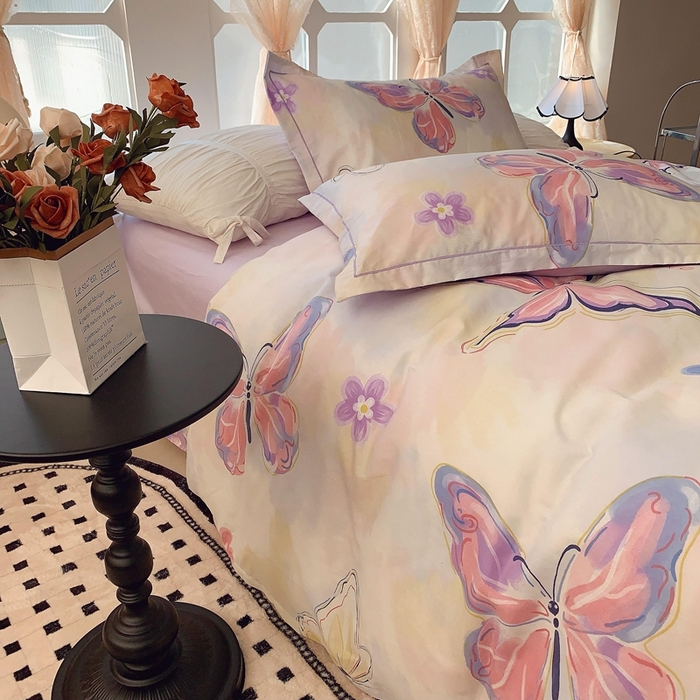 91家纺网 家纺一手货源 找家纺 2025新款亲肤舒适小清新全棉四件套 紫蝶