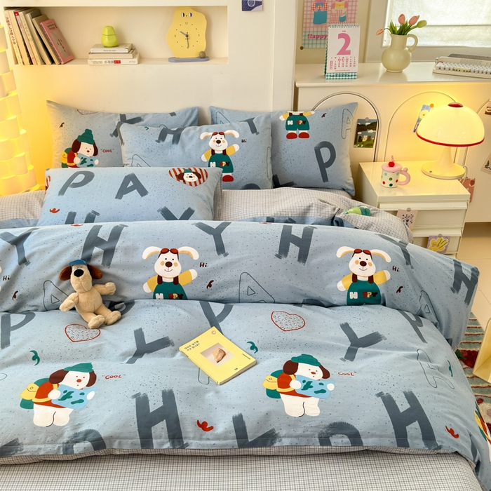 91家纺网 家纺一手货源 找家纺 清雅福 2025新款13070全棉小清新四件套 蒙奇奇·蓝