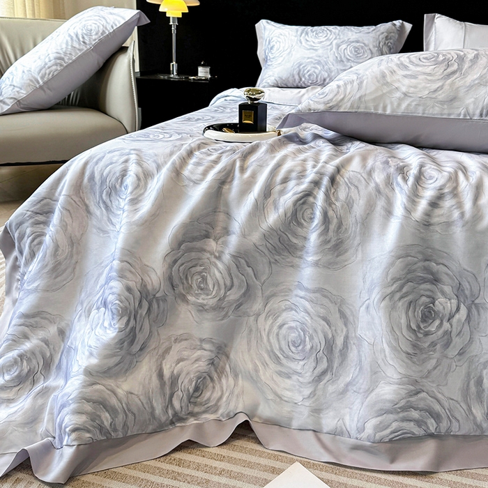 91家纺网 家纺一手货源 找家纺 迷尚家居 2025新款夏被100%莱赛尔数码印花夏被四件套50支天丝夏被 松绿玫瑰