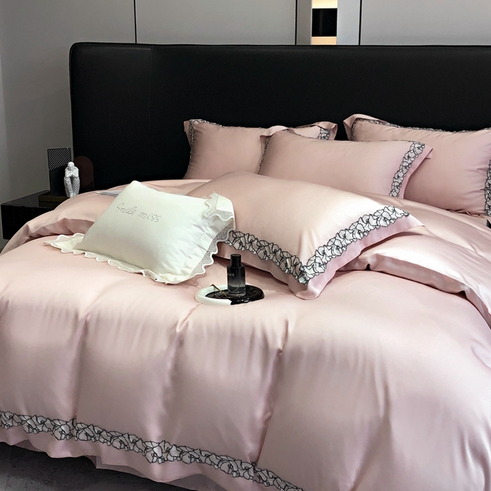 91家纺网 家纺一手货源 找家纺 佳汐蓝家纺 2025新款60天丝绣花梦怡系列四件套 梦怡 粉