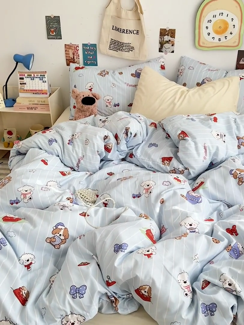 91家纺网 家纺一手货源 找家纺 水墨江南 2025新款超柔水洗棉系列四件套 调皮狗