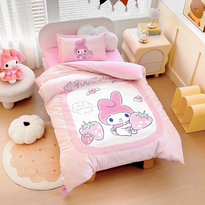 91家纺网 家纺一手货源 找家纺 乐秀家纺 2025新款全棉A类大版定位幼儿园被子三件套卡通三丽鸥被套被芯六件套   天使美乐蒂