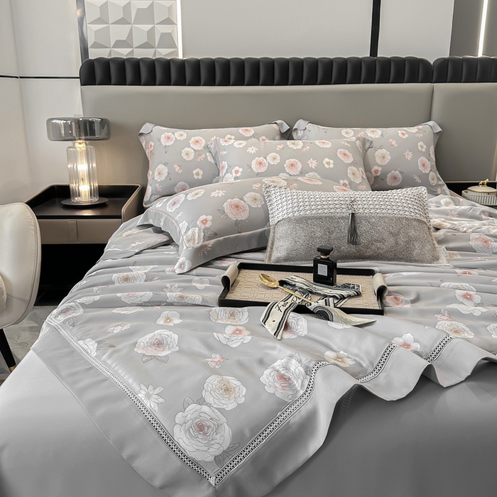 91家纺网 家纺一手货源 找家纺 娇逸家居 2025新款40s天丝莫代尔镂空款夏凉被 千颂-灰