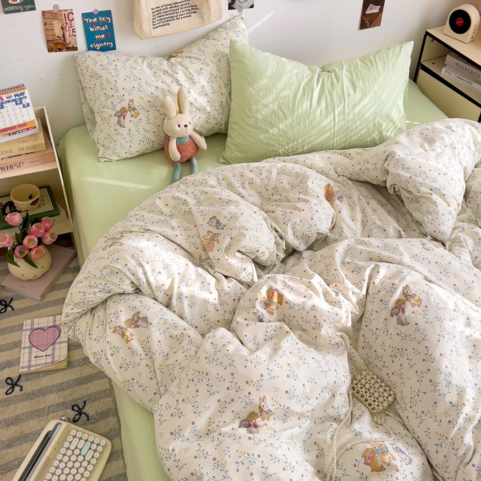 91家纺网 家纺一手货源 找家纺 水墨江南 2025新款超柔水洗棉系列四件套 花小兔