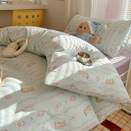 韩巢家纺 2025新款超柔水洗棉学生宿舍寝室被套床单三件套 礼物小熊