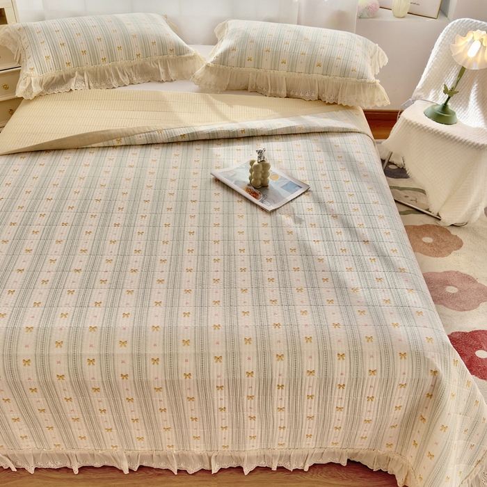 91家纺网 家纺一手货源 找家纺 2025春夏新款全棉纯棉印花法式花边床盖三件套 蝴蝶梦花边床盖