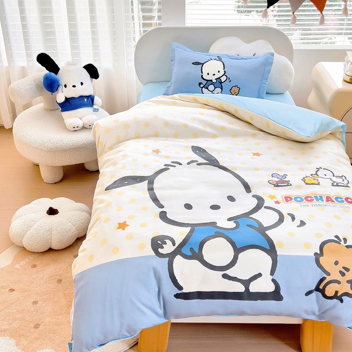 91家纺网 家纺一手货源 找家纺 乐秀家纺 2025新款全棉A类大版定位幼儿园被子三件套卡通三丽鸥被套被芯六件套   星星帕恰狗