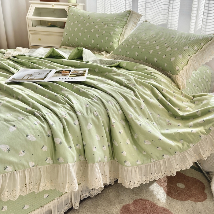 91家纺网 家纺一手货源 找家纺 尊妙被业 2025春夏新款全棉纯棉印花法式花边夏被夏凉被空调被夏被 半亩果园-绿