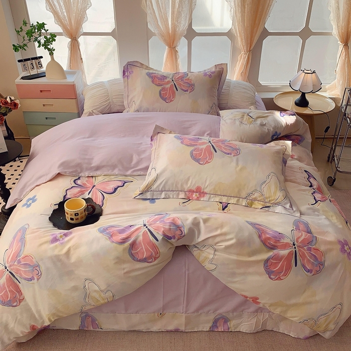 91家纺网 家纺一手货源 找家纺 2025新款亲肤舒适小清新全棉四件套 紫蝶