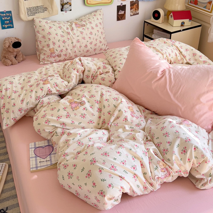 91家纺网 家纺一手货源 找家纺 水墨江南 2025新款超柔水洗棉系列四件套 花间小熊