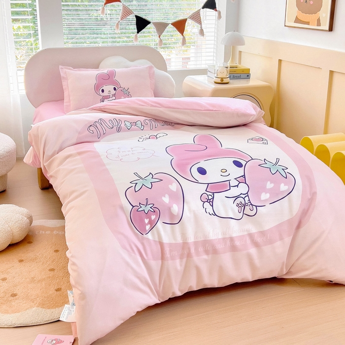 91家纺网 家纺一手货源 找家纺 乐秀家纺 2025新款全棉A类大版定位幼儿园被子三件套卡通三丽鸥被套被芯六件套   天使美乐蒂