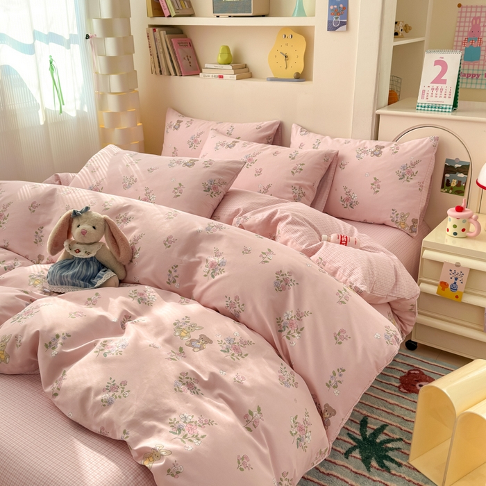 91家纺网 家纺一手货源 找家纺 清雅福 2025新款13070全棉小清新四件套 甜蜜约会·粉