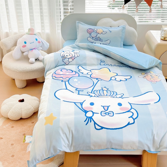 91家纺网 家纺一手货源 找家纺 乐秀家纺 2025新款全棉A类大版定位幼儿园被子三件套卡通三丽鸥被套被芯六件套   快乐玉桂狗