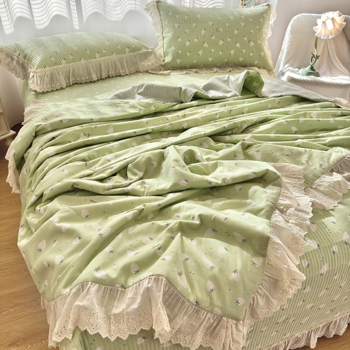 91家纺网 家纺一手货源 找家纺 尊妙被业 2025春夏新款全棉纯棉印花法式花边夏被夏凉被空调被夏被 半亩果园-绿