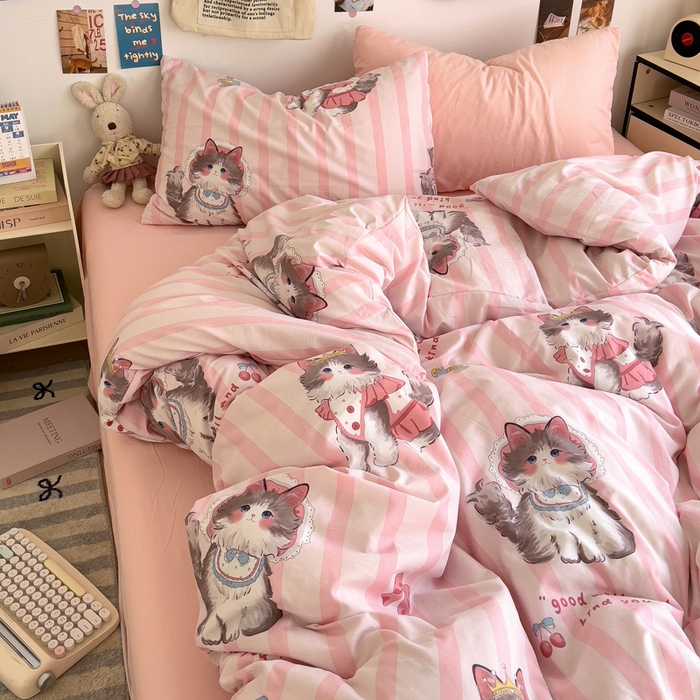 91家纺网 家纺一手货源 找家纺 水墨江南 2025新款超柔水洗棉系列四件套 猫咪公主