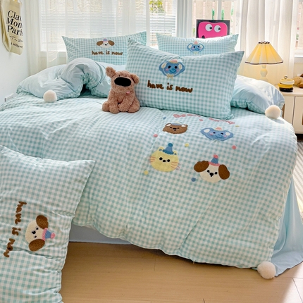 你好美丽 2025新款水洗棉小象乐园毛巾绣格子工艺款吊球毛巾绣四件套 小象乐园-绿